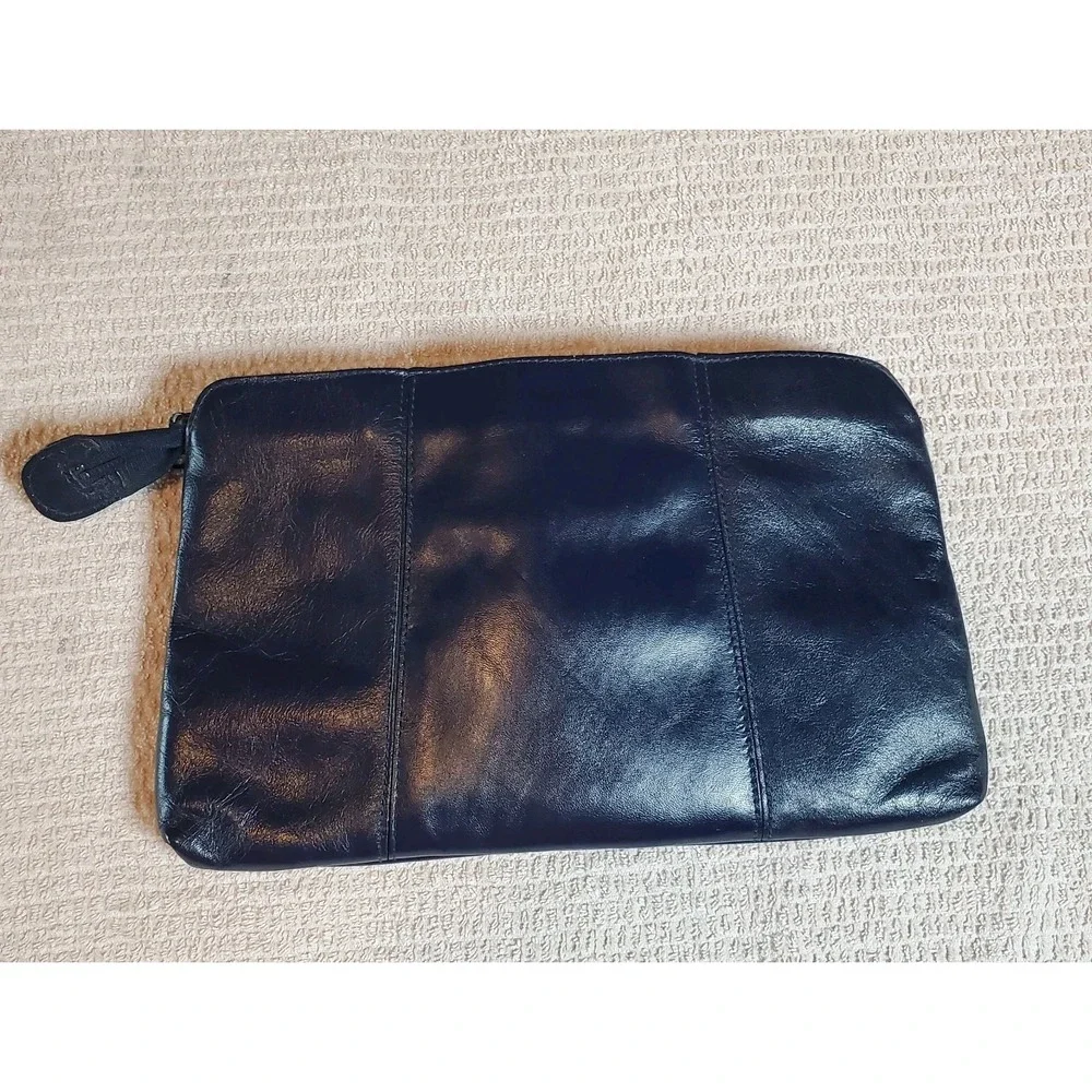 Contessa Vtg Geniune Leather‎ Clutch Navy Evening Minimalist Luxe EUC